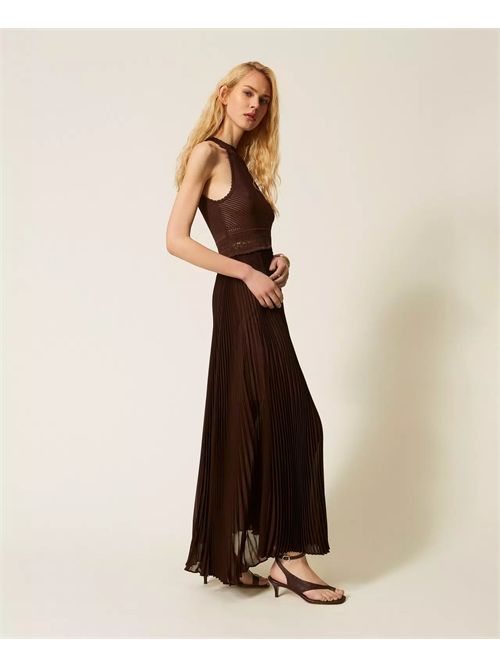 Abito lungo in maglia e georgette plissé